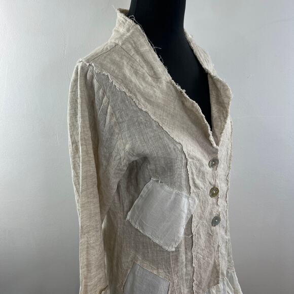 Blu Betty Beige Linen Shirt Dress Button Front Stand-Up Collar Ruffle Hem M? - Picture 6 of 9
